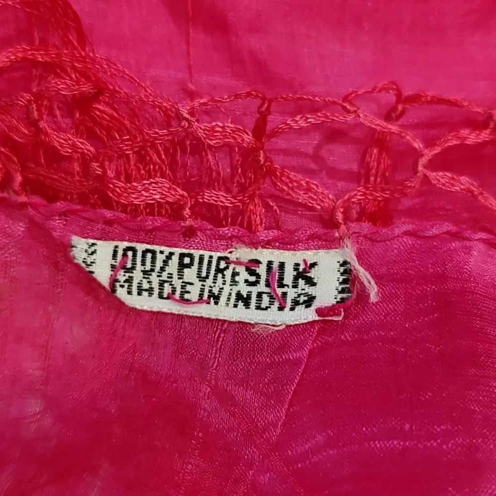 Raw Silk Square Fringed Deep Pink Scarf - Picture 2 of 6